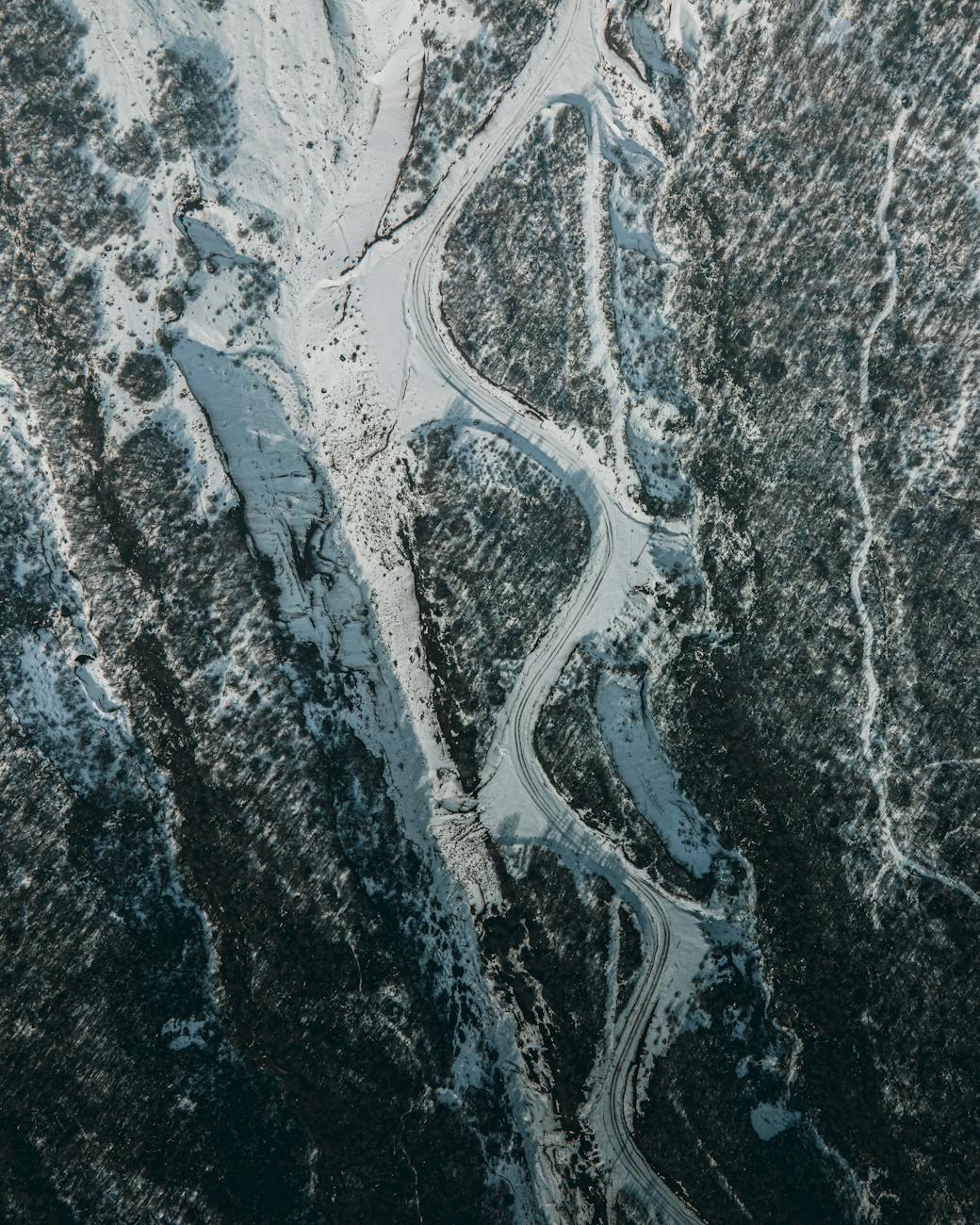 aerial view of mountains in winter